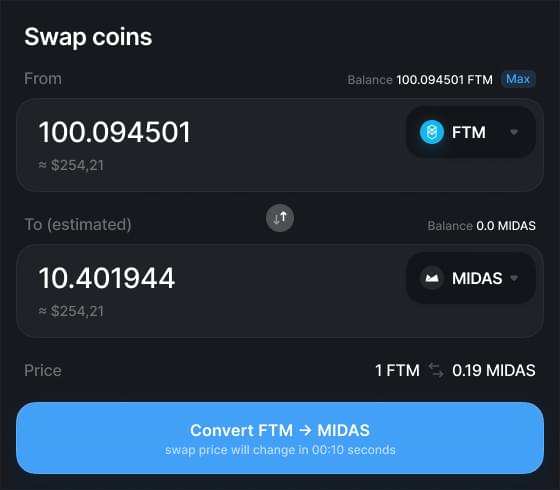 Currency transfer to midas coins, the convert button is located at the bottom